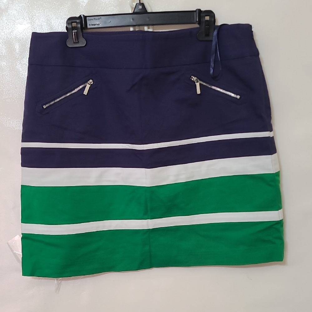 Anne Klein Hyde Park Navy and Green Striped Poplin Skirt - Size 14